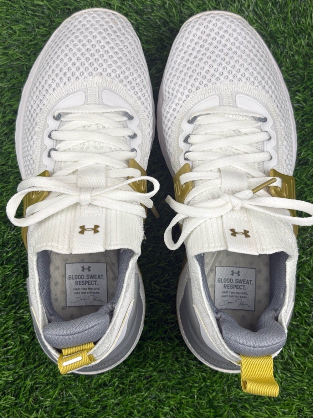 Under Armour Women’s HOVR Project Rock 4 Training Sneakers in White and Gold - Picture 6 of 12